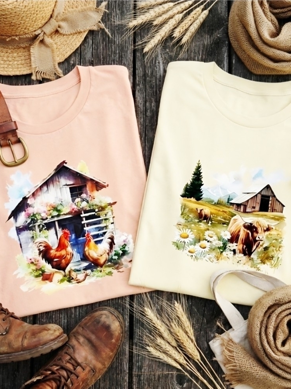 Cottagecore Country Graphic Tee Shirt Bundle Rooster Highland Cow Cream Peach